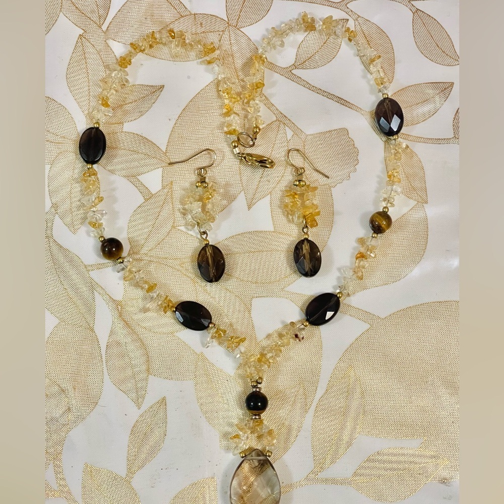 Vtg Lot Lee Sands Tigers Eyes smoky quarts Gems Citrine Chips Necklace Earrings